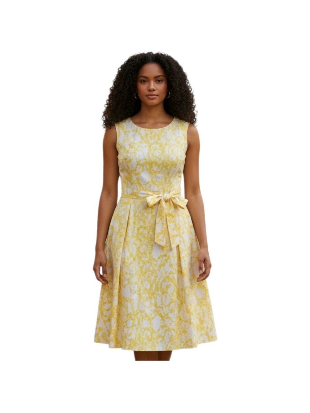 Calvin Klein Scoop Neck Pleated Flare Front Tie Yellow Dress Size 8P Women's